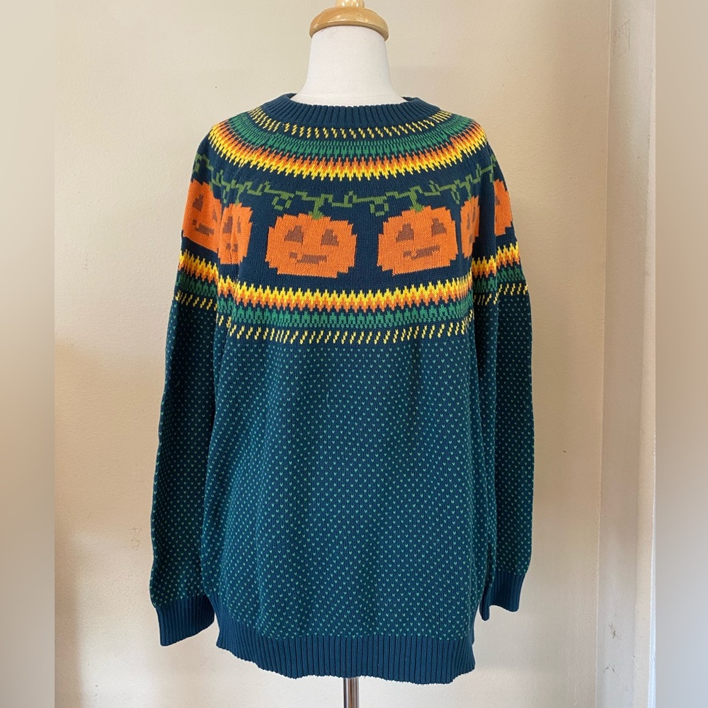 ModCloth Halloween Spooky Green Jack-o'-lantern Pumpkin Crewneck Sweater
